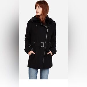 Express Women Short Wool Belted Coat Jacket With Faux Fur Collar Black